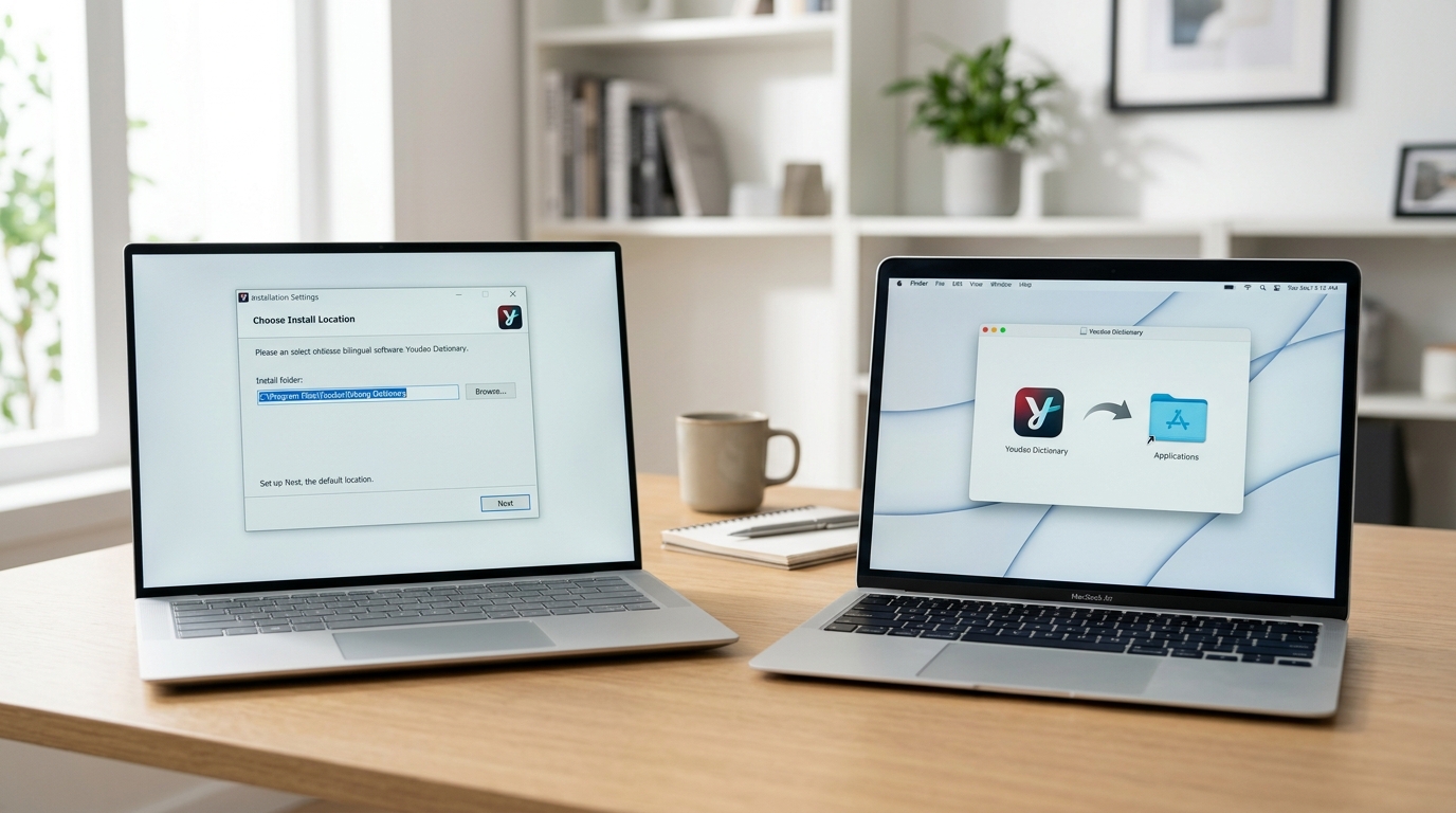 有道词典在 Windows 和 macOS 系统上的安装界面示意图
