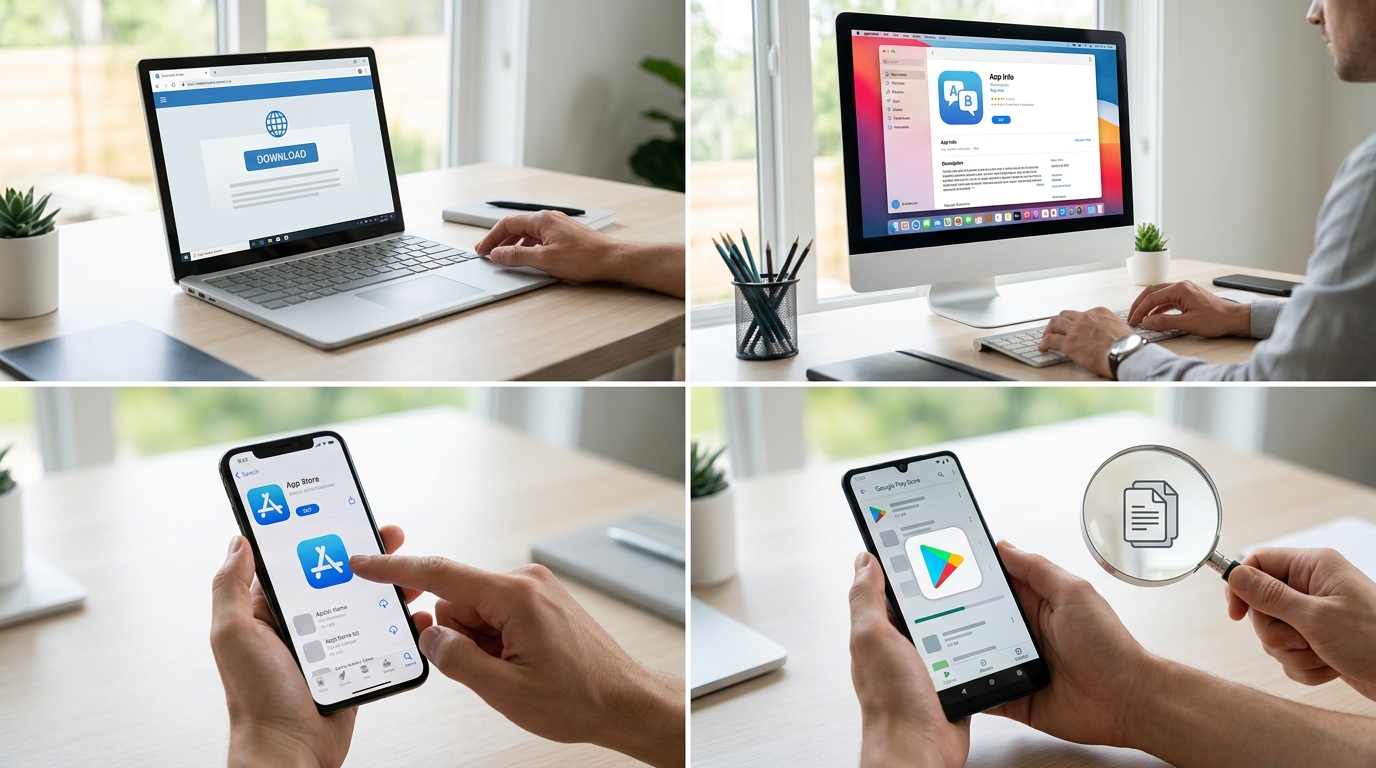 有道翻译分平台下载步骤图解,展示Windows、Mac、iOS和Android设备从官方渠道下载并验证文件的过程