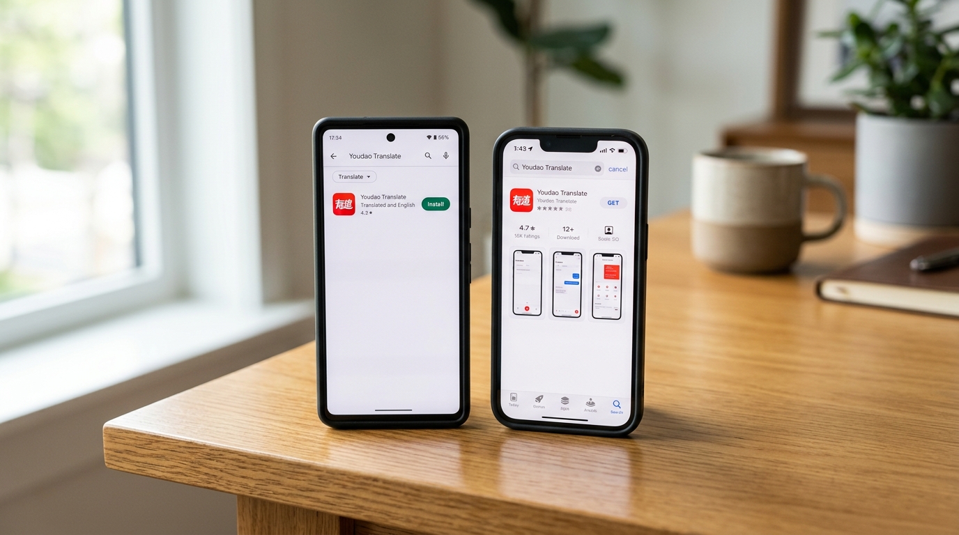 在Android和iOS应用商店下载有道翻译的界面示意图