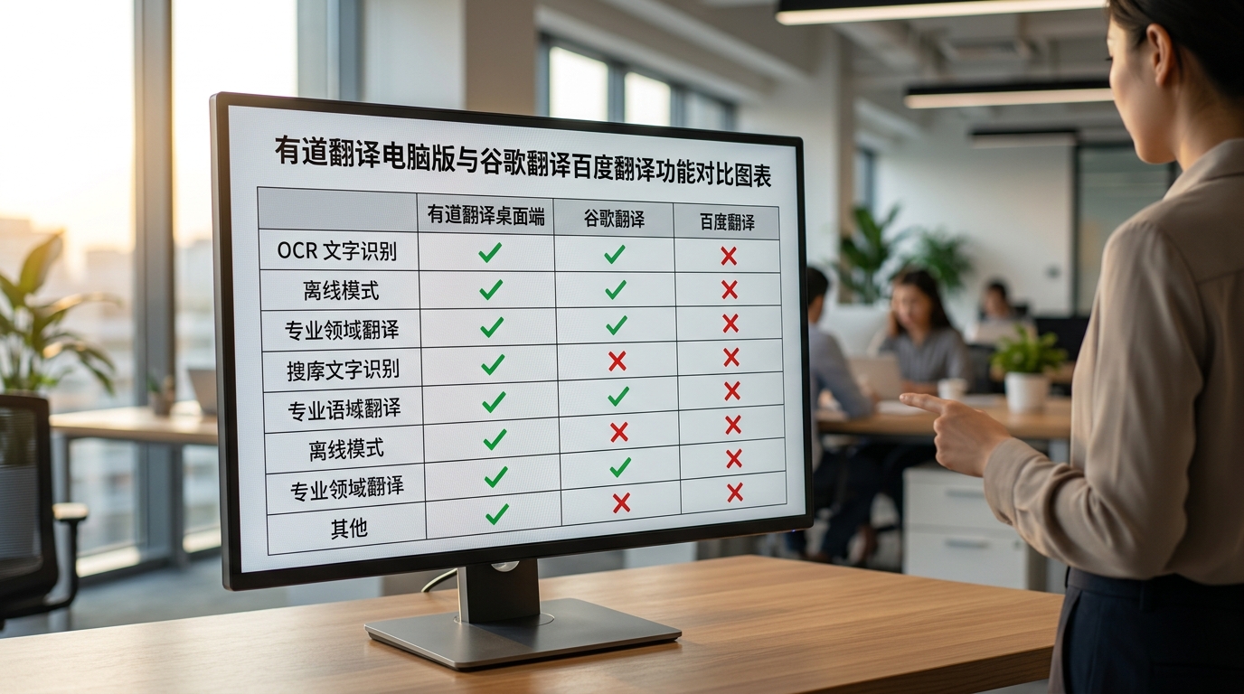 有道翻译电脑版与谷歌翻译百度翻译功能对比图表