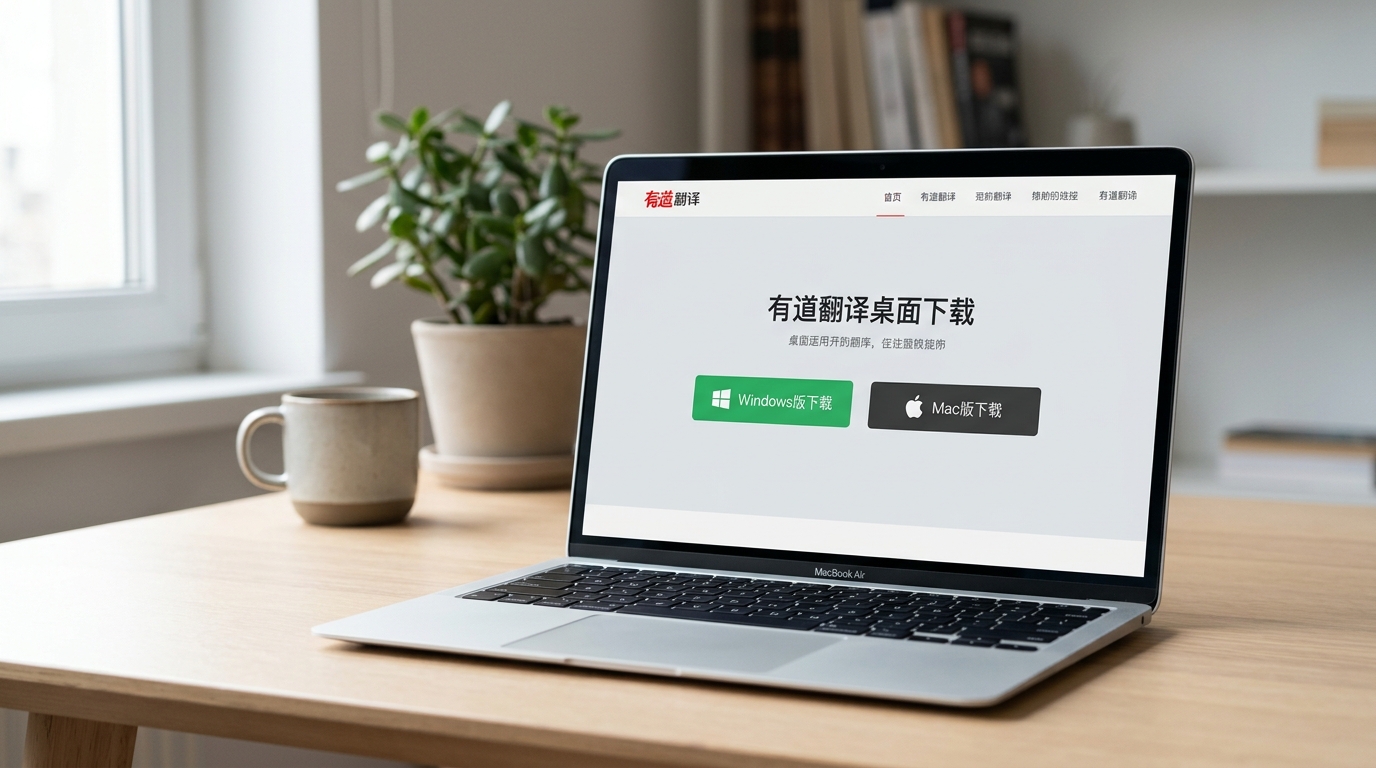 展示从官方网站下载有道翻译的页面截图，界面上清晰标有Windows版和Mac版的下载按钮，背景为简洁的浅色背景。alt=