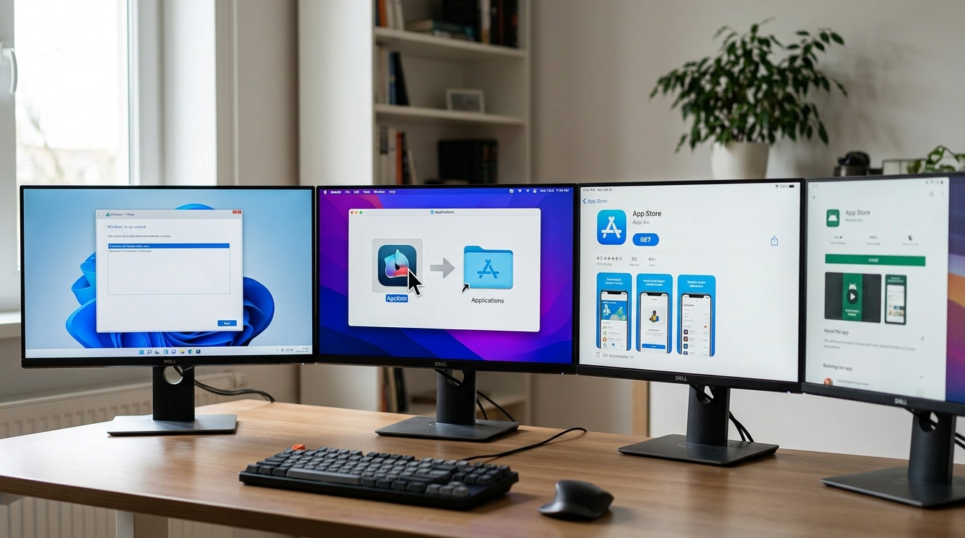 有道翻译在Windows、macOS、iOS和Android四个平台上的官方安装界面示意图